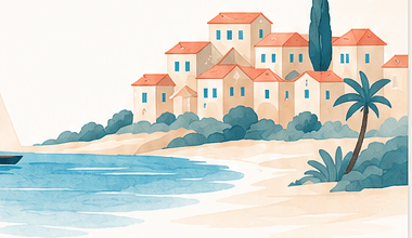 Mediterranean houses beside a calm blue coastline