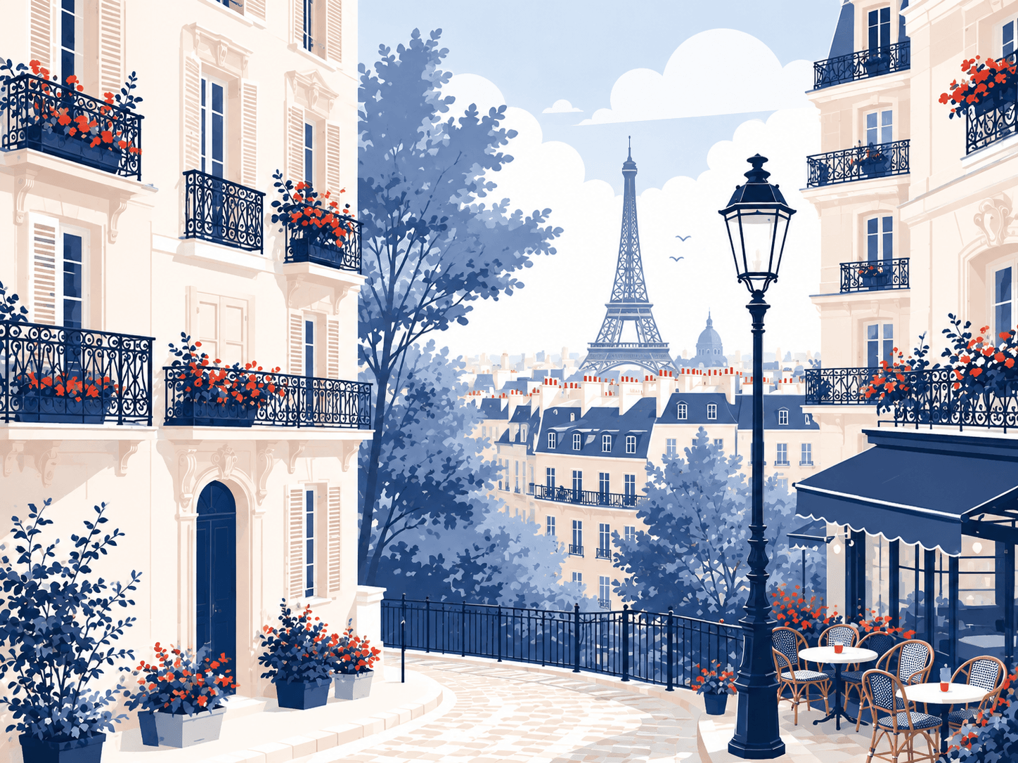 Illustration of a Paris street with the Eiffel Tower